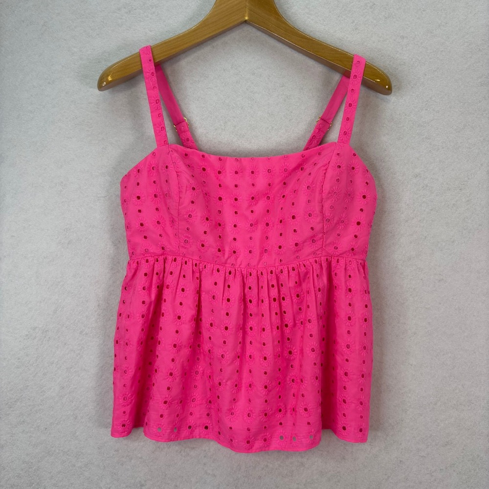 Lilly Pulitzer Pink Eyelet Tie Back Babydoll Top Womens 16 Preppy Barbiecore